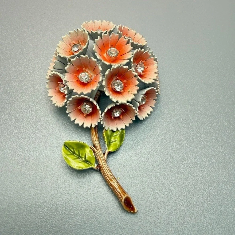 Vintage Corocraft Enamel Flower Brooch‎ Coral Color Rhinestones Spring Summer